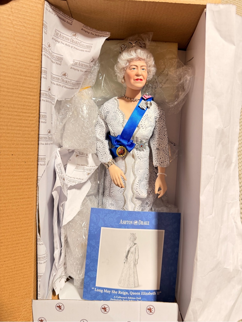 Ashton-Drake Queen Elizabeth II Collector Doll - White Gown with Blue Sash
